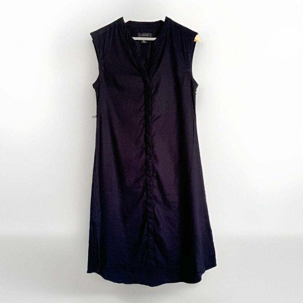 Tahari Blue Linen Button Down Midi Dress Womens Small Sleeveless Coastal Casual